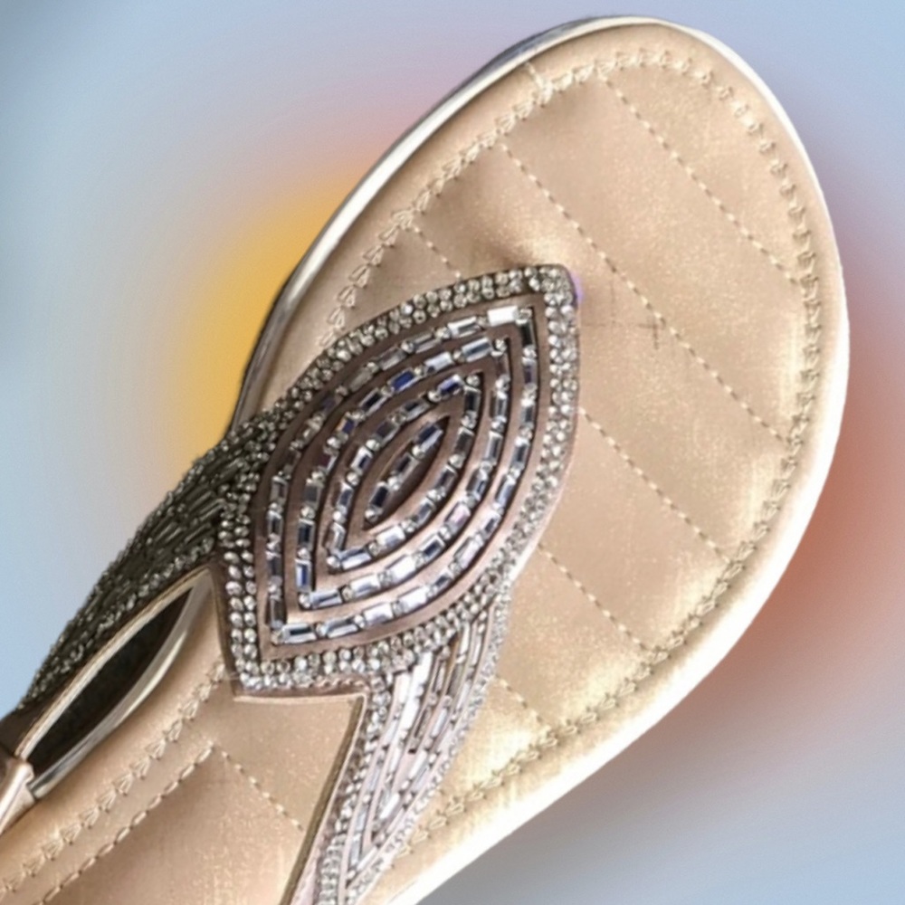 Italina Champagne Art Deco Rhinestone Embellished Flat Thong Slingback Sandal